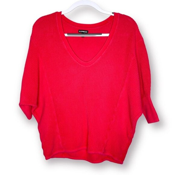 Y2K Express Size S Coral Dolman Sleeve Relaxed Fit VNeck 3/4 Sleeve Knit Sweater - Picture 1 of 7